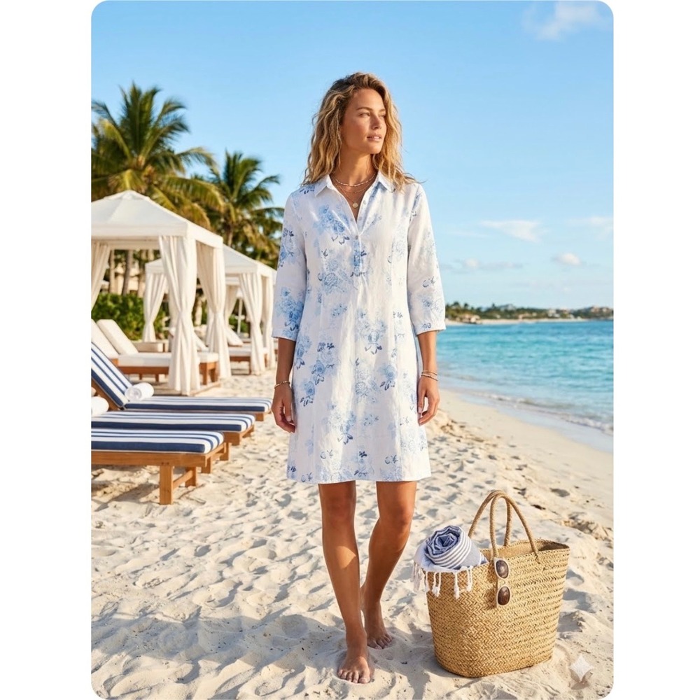 Malvin Linen Dress M Blue/White Floral Pockets Coastal Cottage Beachy Minimalist